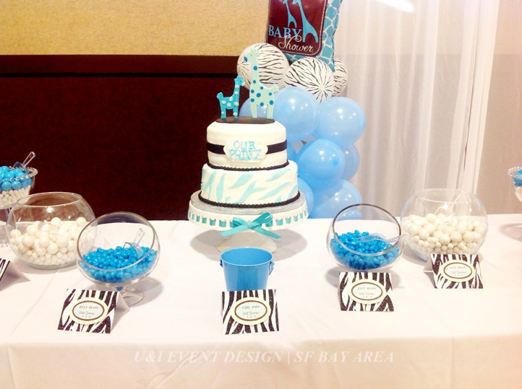 blue brown safari baby shower cake dessert table