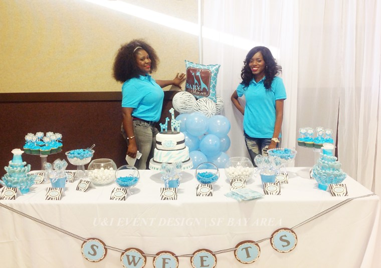 blue brown zebra giraffe baby shower dessert table