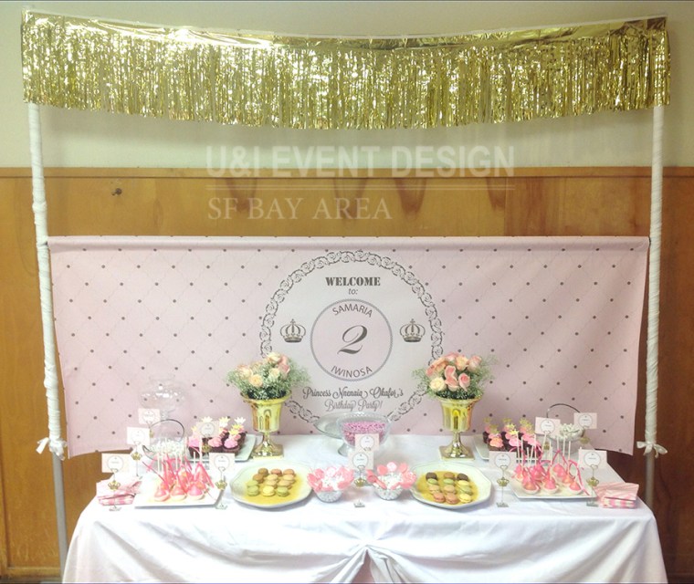 gold tassels baby pink kids birthday dessert table banner backdrop