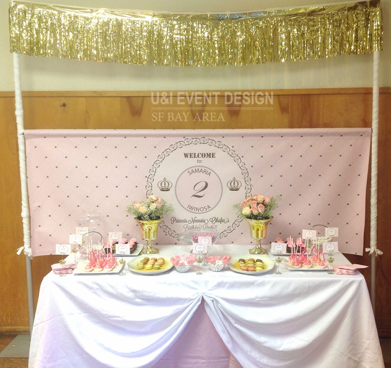 pink gold princess theme dessert table display