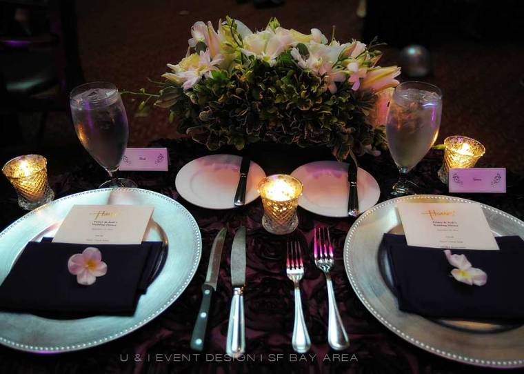 purple and silver reception decor at harris restaurant san francisco designed by bay area wedding planner